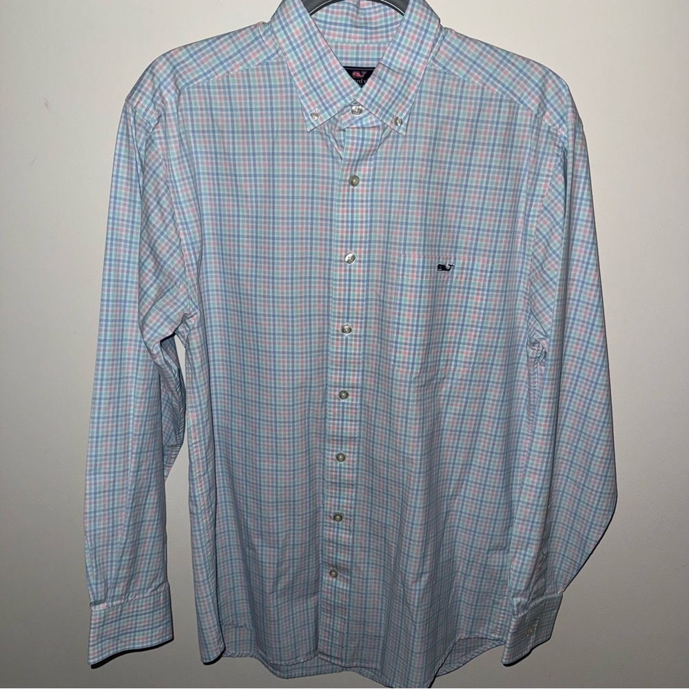 Vineyard Vines Gingham Blue, White, and Pink Check Classic Fit Tucker Shirt